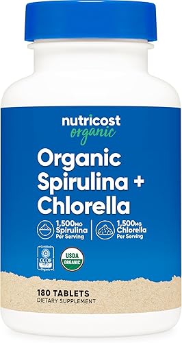 Nutricost Espirulina orgánica + clorella (3,000 mg) 180 tabletas - USDA Organic, 1,500 mg de espirulina, 1,500 mg de clorella, vegano, sin OMG, sin