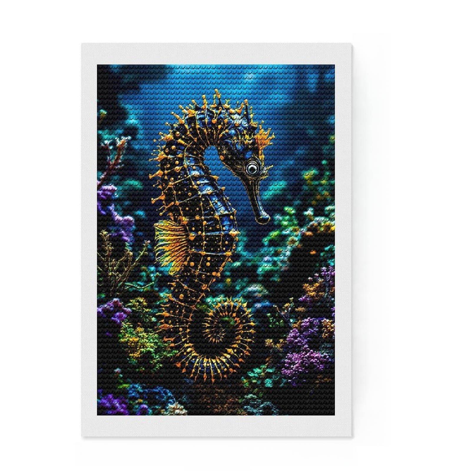 Junmoney Seahorse in Coral Reef Diamond Painting Set 8"x12", Sparkling Round Gems, Satisfying Creative Project, Fun Craft Experience, Office Decor