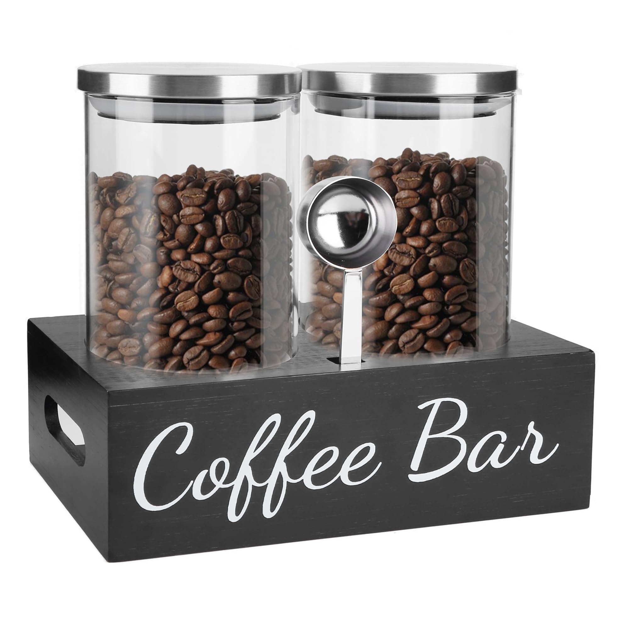 Luftdichtes Kaffeebohnen-Behälter-Set, Glas-Kaffeedosen mit Schaufel und Ablage, klare gemahlene Kaffee-Vorratsdosen mit Deckel für Kaffeebar, Zucker, Tee, Nüsse und Küchenarbeitsplatte, 2 ×