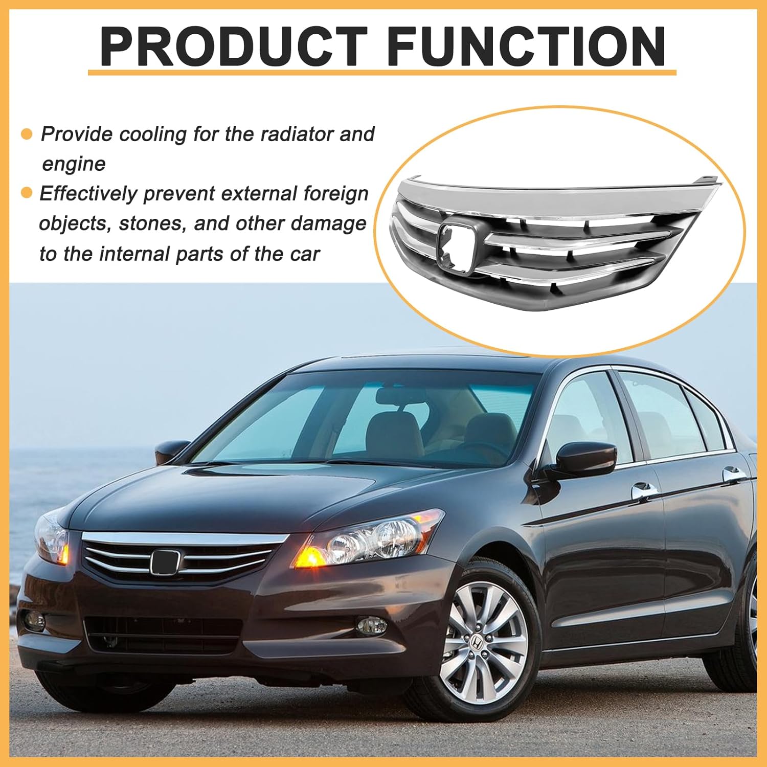 Chrome Front Bumper Grille Hood Grill Compatible For Honda Accord 4 Door Sedan 2011 2012 HO1200203