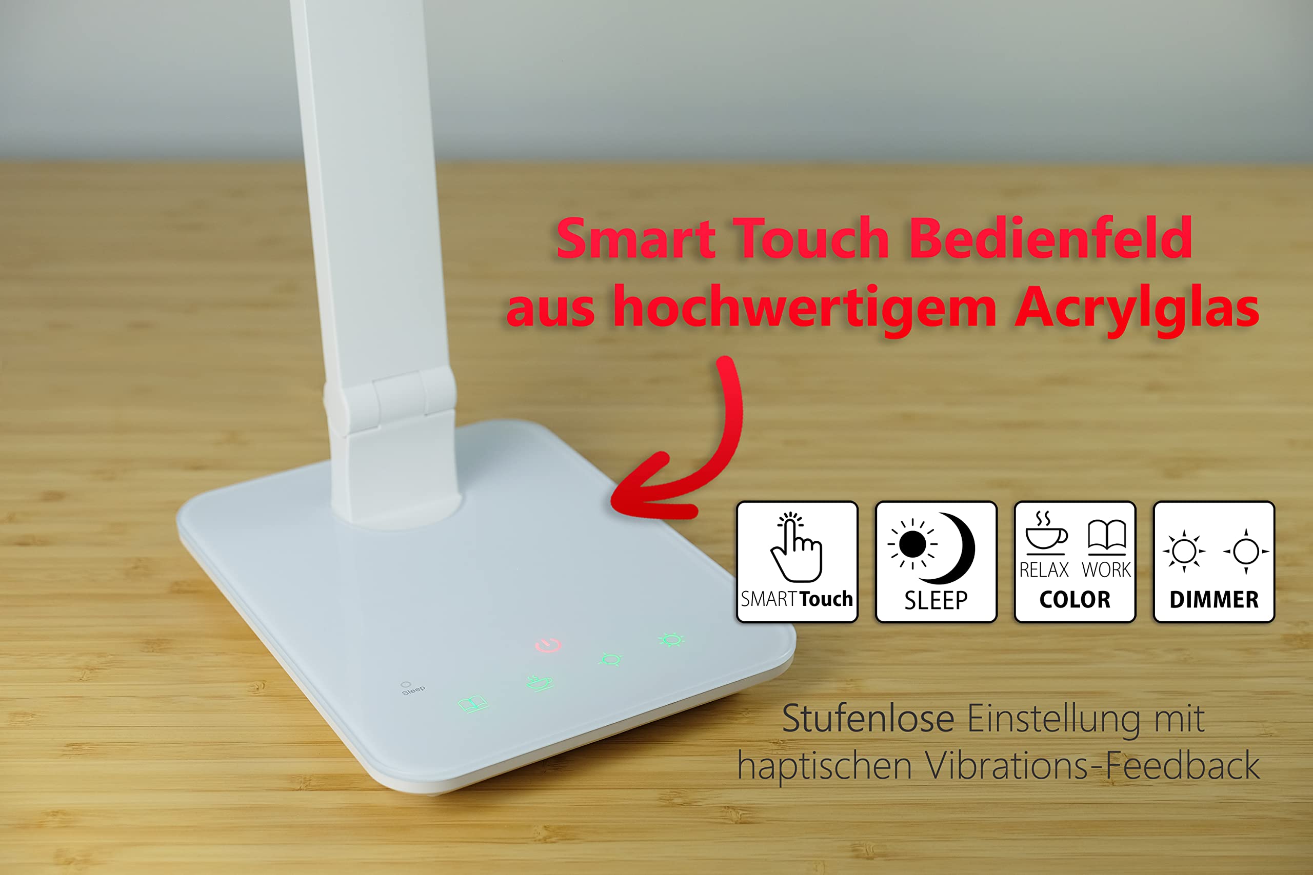 FeinTech LTL00100 LED Schreibtisch-Lampe Lichtfarbe warmweiß bis kaltweiß dimmbar 550 lm, Aluminium, ABS-Kunststoff, Acrylglas, weiß, 37 x 15 x 43.5 cm