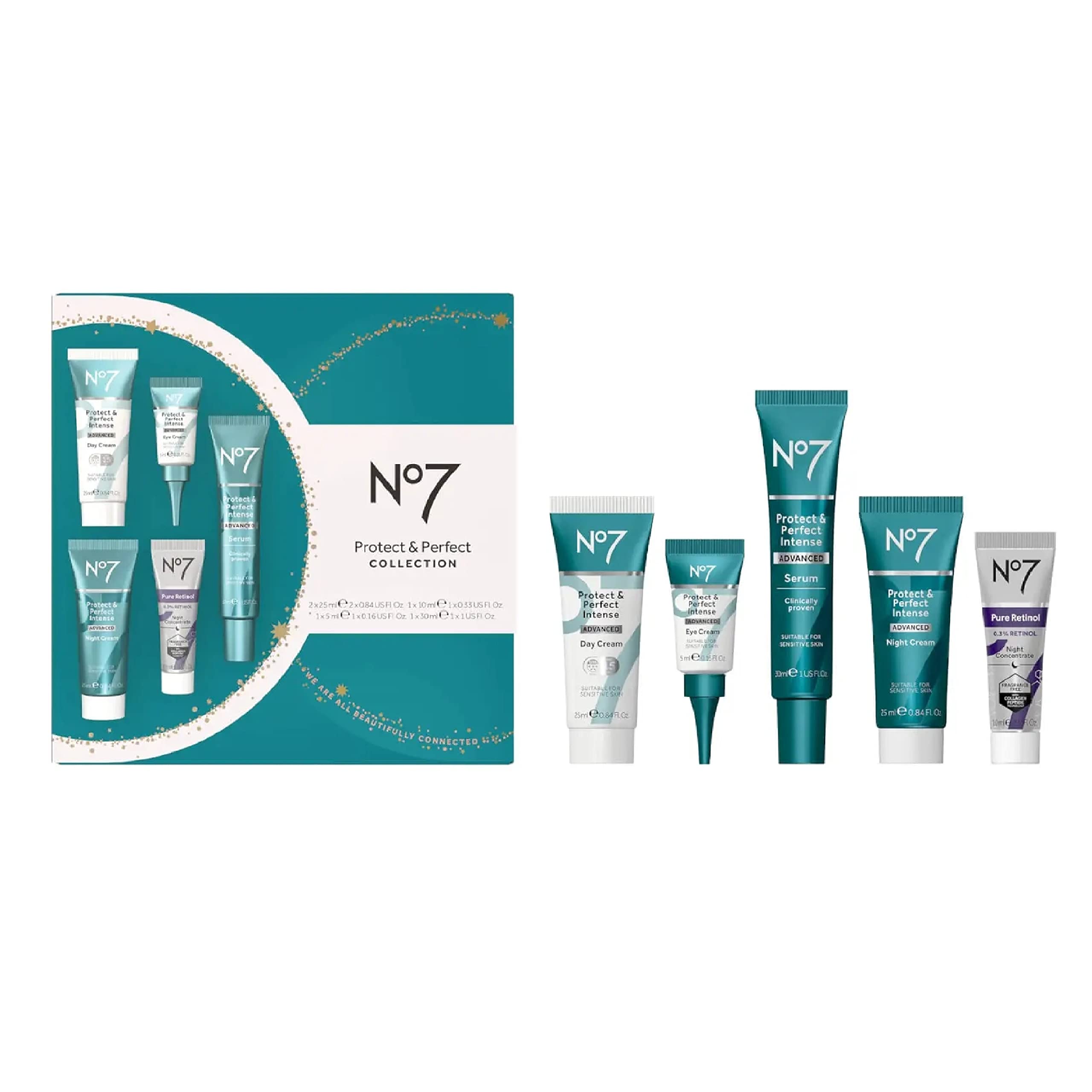 No7 Skin Care Gift Set - Beauty 5 pcs Protect & Perfect Pamper Collection for Her with Unique Topline Thank You Card. Wonderful Present for Secret Santa Gifts, Stocking Fillers or Birthdays.