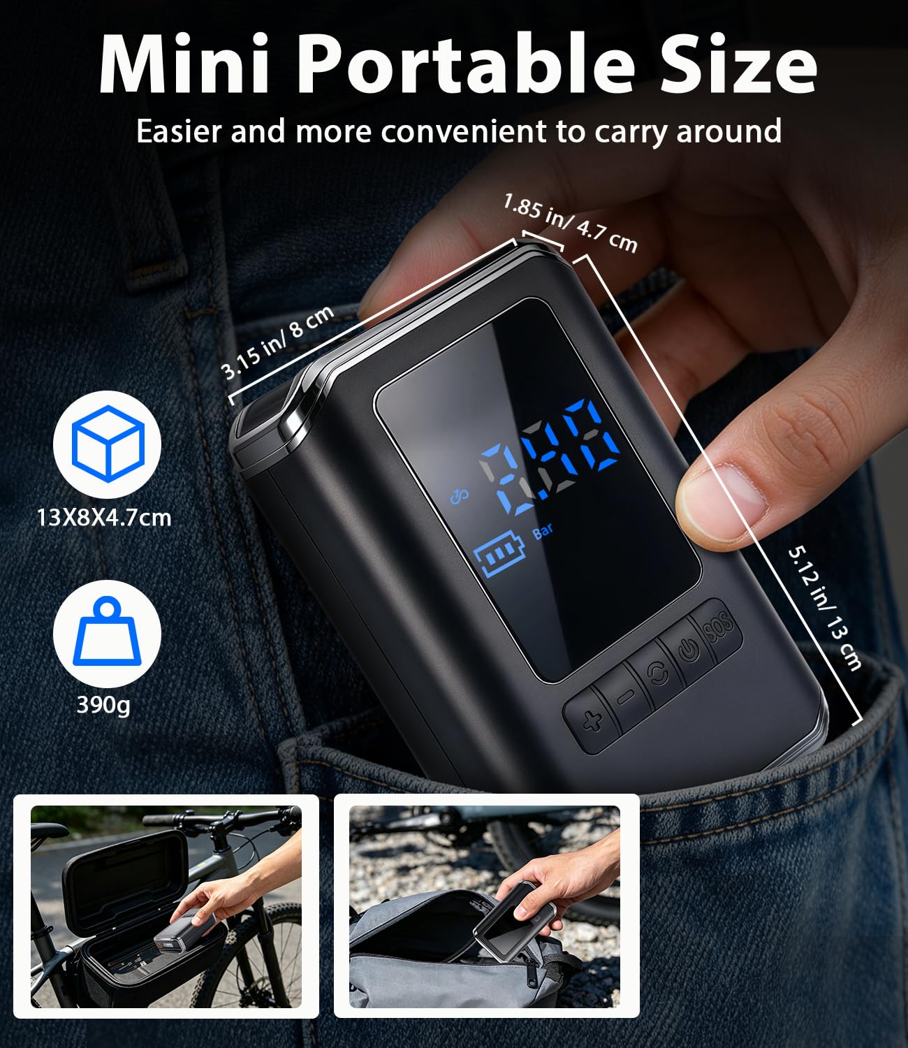 Mini pompe à vélo électrique, 130 psi, avec débit d'air maximal de 30 l/min, batterie USB-C (4000 mAh), arrêt automatique, manomètre, idéale pour vélo de route, VTT, moto avec valves Presta/Schrader