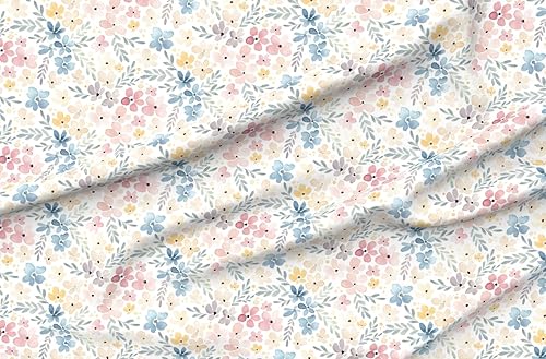 Spoonflower Fabric - Whimsical Floral Watercolor Flowers Nature Botanical Pink Blue Pastel Printed on Cotton Poplin Fabric by The Yard - Sewing