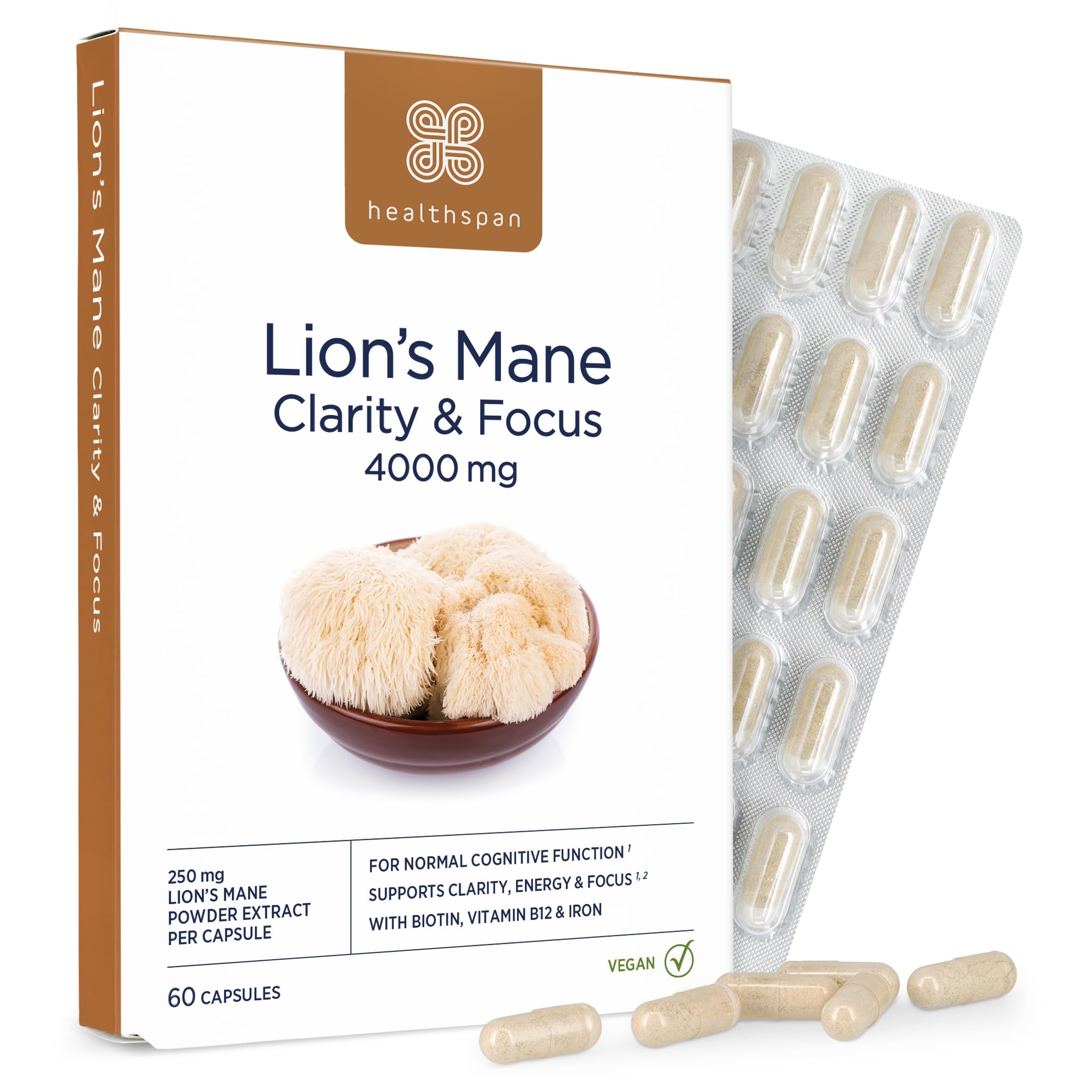 Healthspan 4000mg Lion’s Mane for Clarity & Focus (60 Capsules) | Stay Sharp & Focused | Supports Energy & Cognitive Function | with Biotin, Vitamin B12 & Iron | Vegan