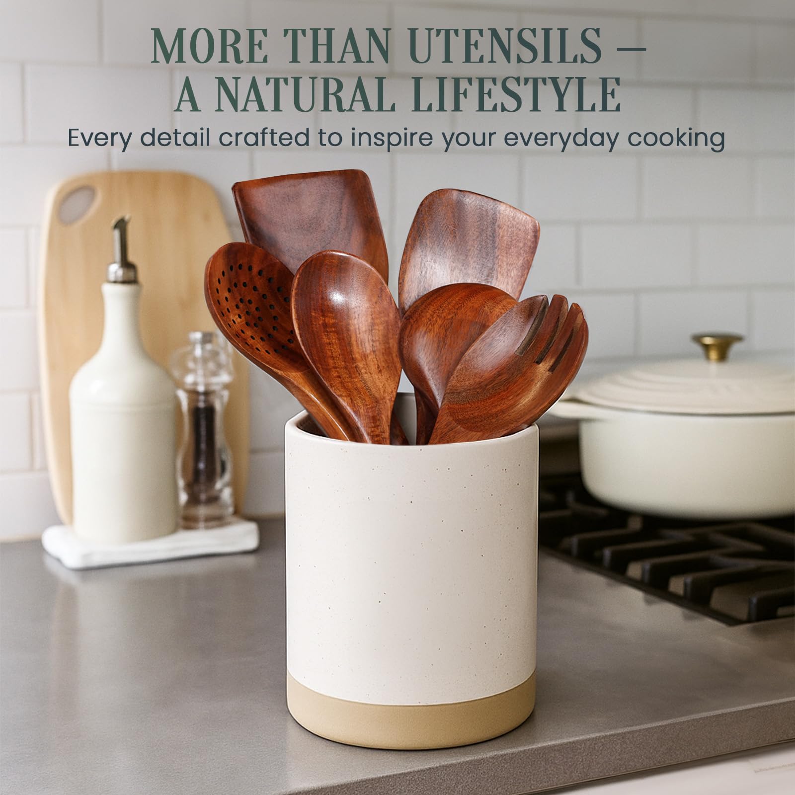 BRIVANA 6-Piece Teak Wooden Kitchen Utensils Set, Wood Cooking Spoons and Tools, Wooden Utensil Set, Kitchen Accessories, Non-Stick Cookware Safe