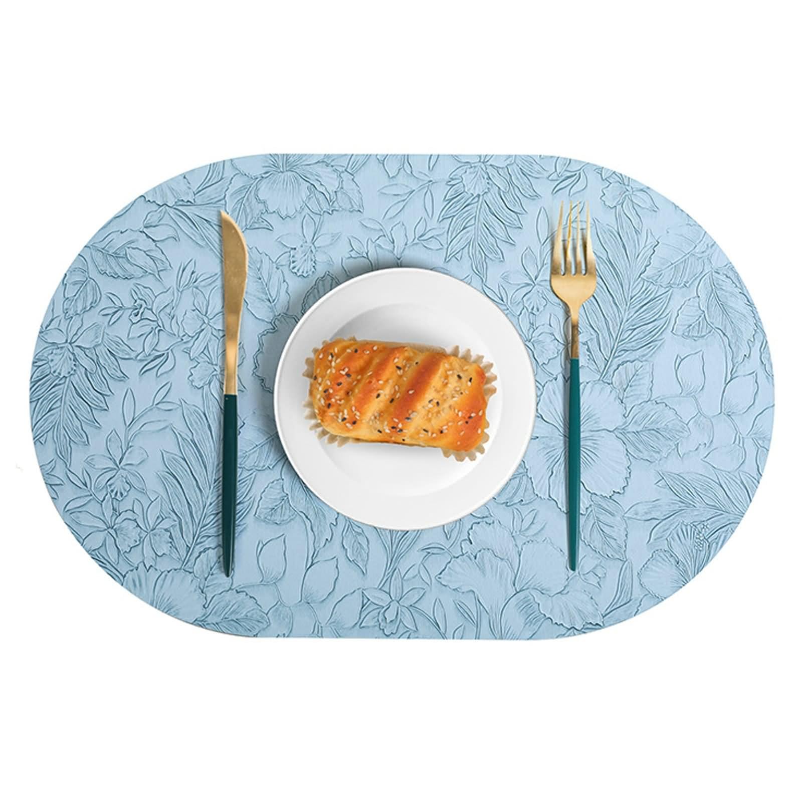 Platzset 8 Personen, Platzset XXL 30x43cm Oval mit Blumenmuster Leder Himmelblau für Küche Restaurant Speisetisch