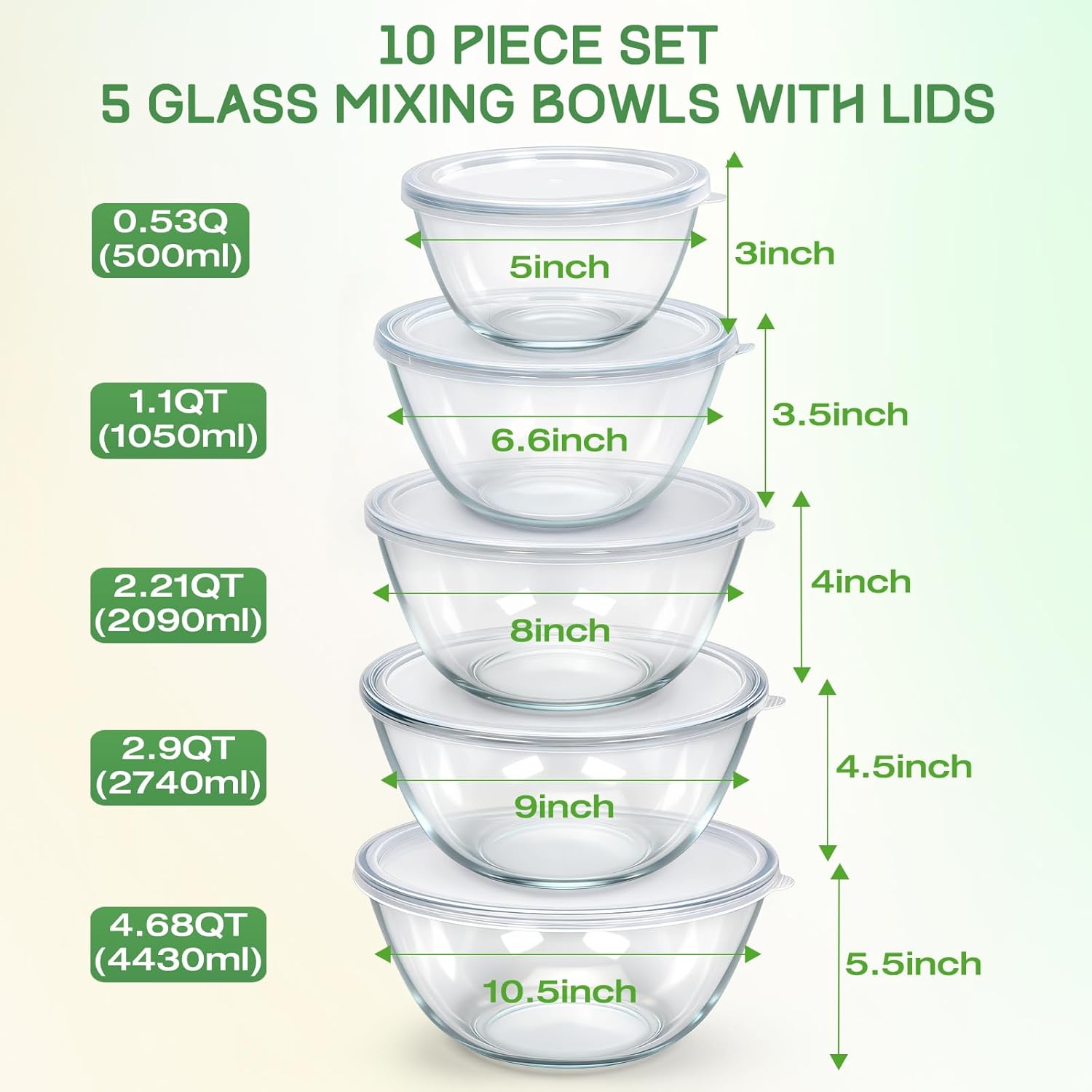 Glass Mixing Bowls with Lids Set(4.7QT, 2.9QT, 2.2QT, 1.1QT, 0.53QT), 5 Packs Thick Glass Bowls Set, Large Nesting Bowls for Kitchen Baking, Prepping, Cooking, Dishwasher, Oven, Microwave Safe