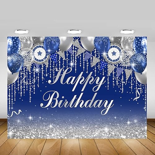 Miniatura 5 de Mocsicka Telón de fondo azul y plateado de feliz cumpleaños con purpurina bokeh plateado para decoración de fiesta de cumpleaños, suministros para