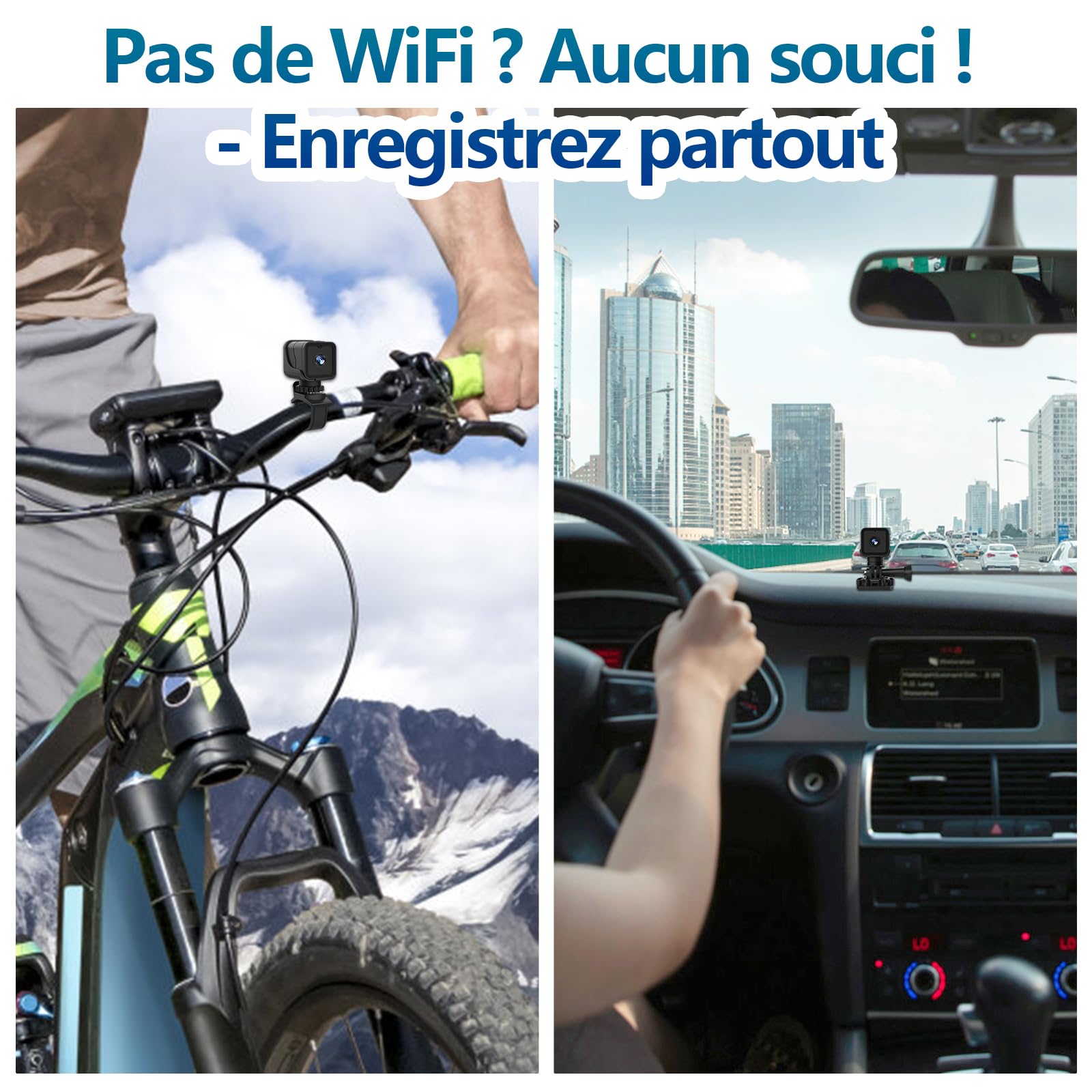 Action Cam 1080P WiFi 120° étanche, Camera Moto/Velo 4h