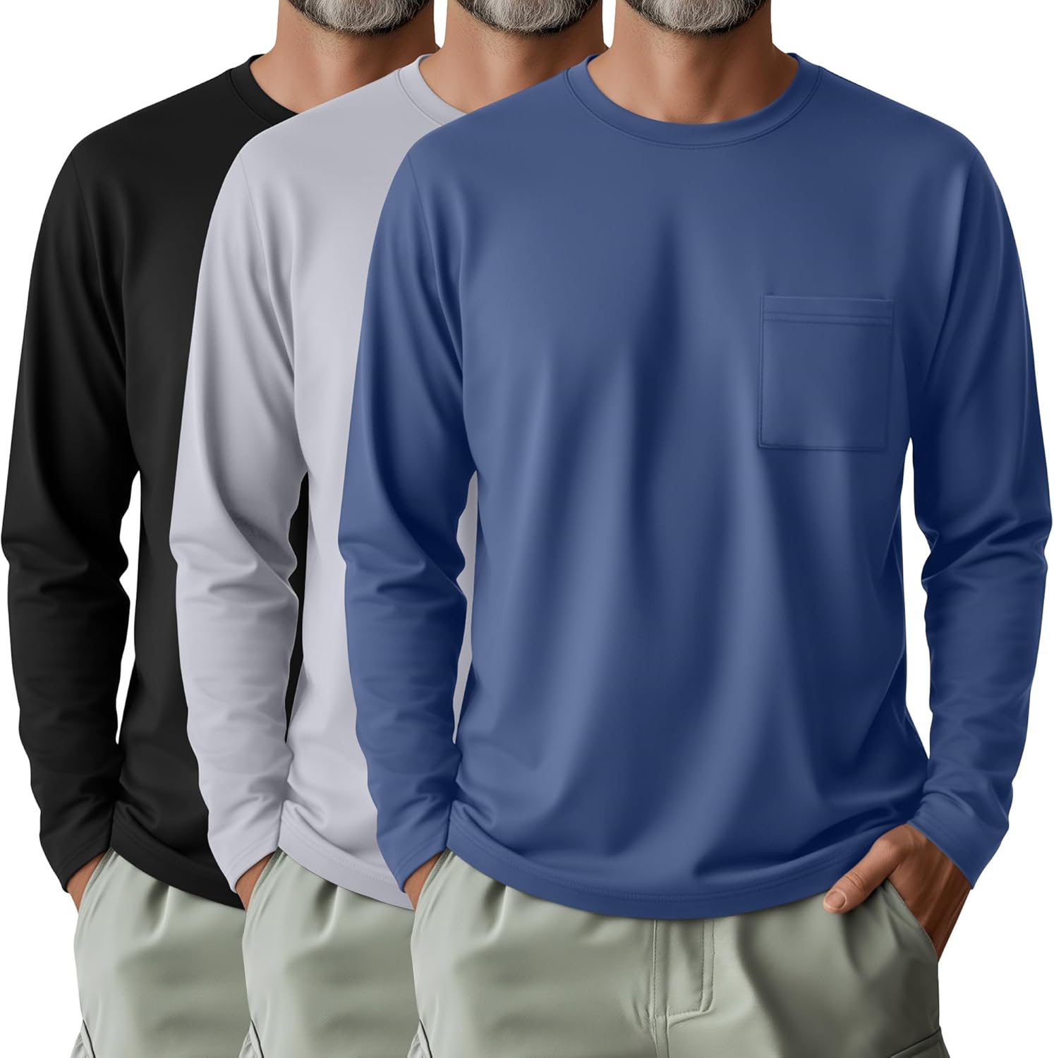 3 Pack Men's Big and Tall Long Sleeve Shirts, Crew Neck Slim Fit Pocket T Shirts Casual Basic Athletic Tops