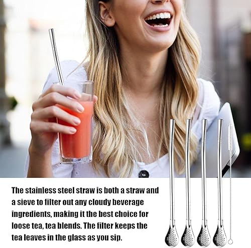 Miniatura 5 de Cucharas para pajitas de acero inoxidable, 59 x 1.5 pulgadas, reutilizable, bombilla yerba mate, pajitas de cono de nieve con cepillo de limpieza,
