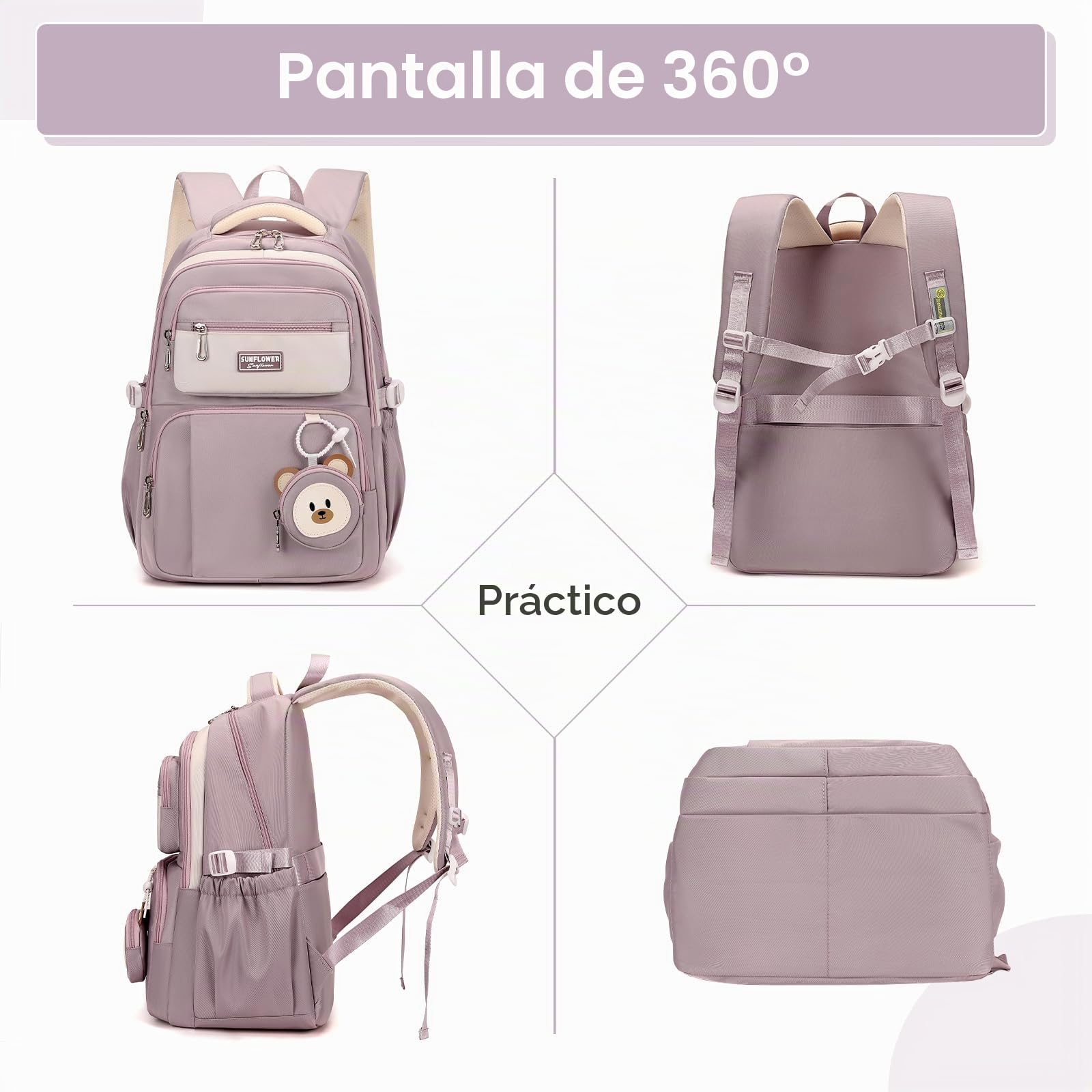 Amythe Mochila para Niñas de Primaria, 40L Mochilas Escolares para Adolescentes, Mochila Infantil Ligera y Adorable, Mochila de Viaje Casual para Chicas, Apta para Carrito, Morado