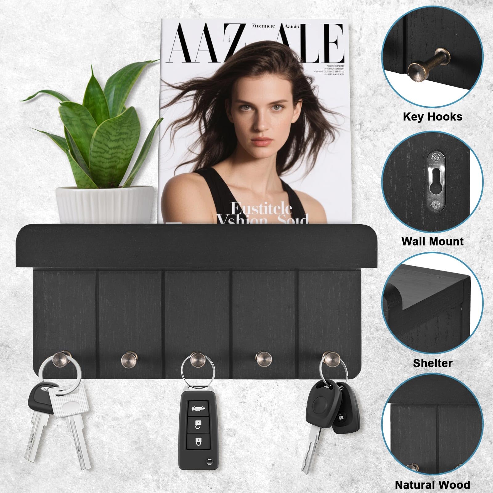 Jemyxhw Portachiavi da Parete Porta Chiavi da Muro per Casa in Legno con 5 Ganci per Chiavi Arredamento Casa per Ingresso, Corridoio, Camera da Letto