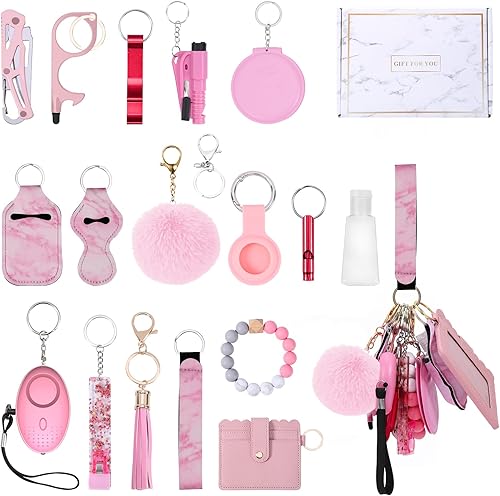 Juego de llaveros de seguridad para mujer, con alarmas personales, abridor de botellas, pompones, espejo, silbato, cuerda de cuentas, bolsa de