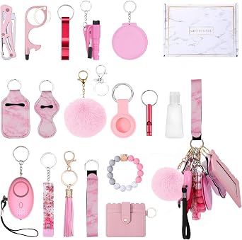 Upgraded Safety Keychain Set for Women, Wristlet Strap Keychain with Personal Alarms, Mirror, Pom Pom, etc. 18PCS