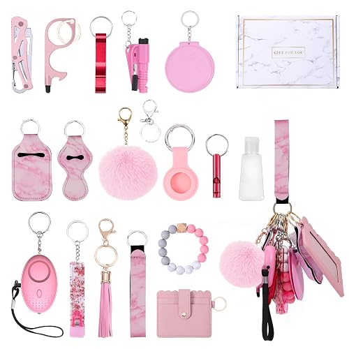 Ankilo Upgraded Safety Keychain Set for Women, Wristlet Strap Keychain with Personal Alarms, Mirror, Pom Pom, etc. (18PCS) - Pink