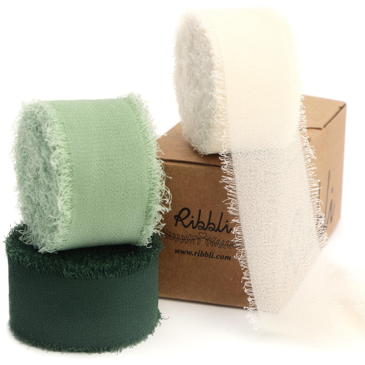 Ribbli Green Ribbon 1 Inch x 3 Rolls Total 24 Yards Ivory/Sage/Forest Green Handmade Fringe Chiffon Silk Ribbon for Wrapping Wedding Invitations Bridal Bouquets DIY Crafts Home Decor