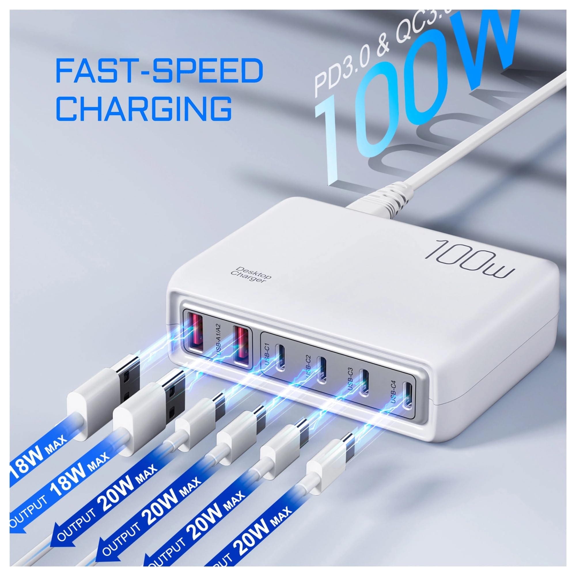 Ładowarka USB 100 W Typu C PD Szybkie Ładowanie Z Wieloma 6 Portami Stacja Ładująca Na Biurko MożLiwość Szybkiego łAdowania(WHITE)