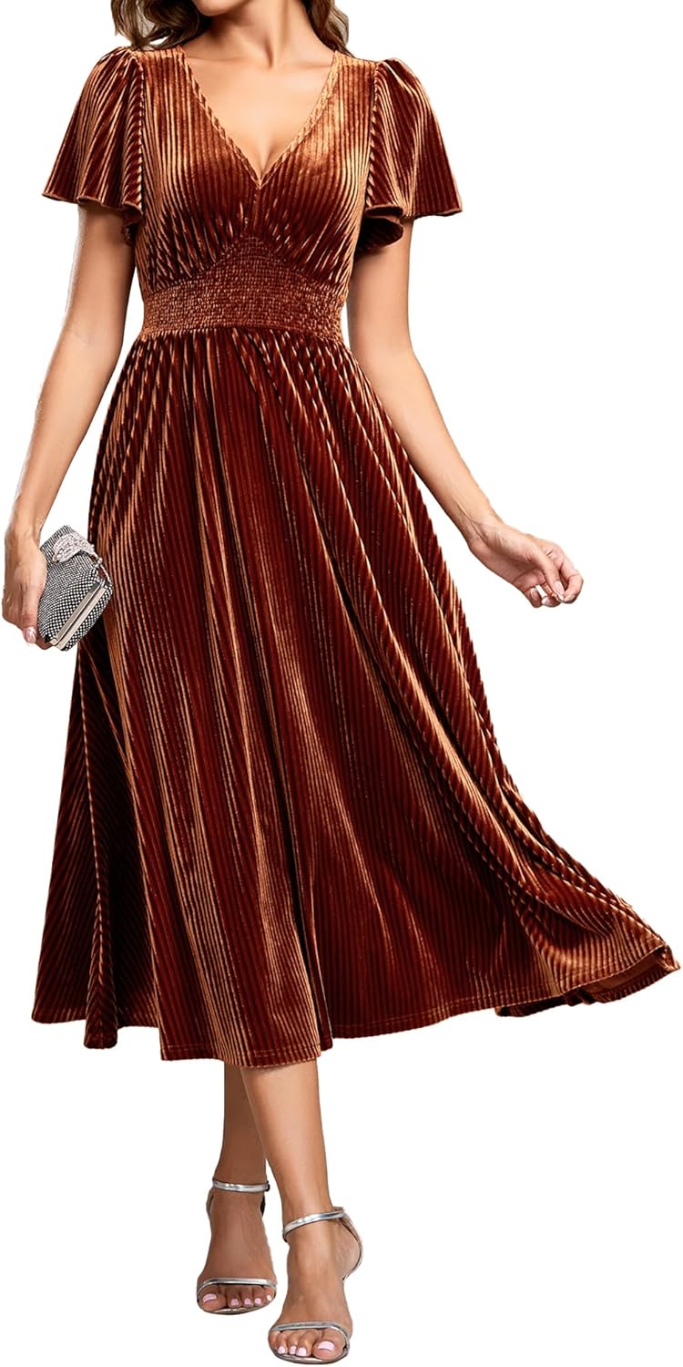 Ever-Pretty Women's Elegant Velvet A-Line Short Ruffles Sleeves Formal Dress