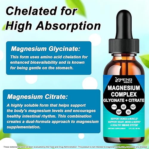 Miniatura 5 de Suplemento de complejo de magnesio, triple calma glicinato de magnesio y citrato gotas de 400 mg, magnesio líquido de rápida absorción más