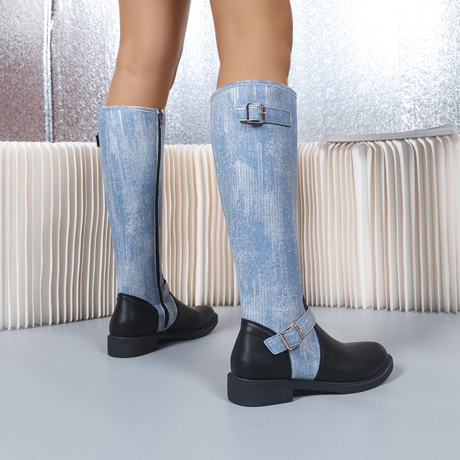Botas de Invierno Mujer Botas Altas Punta Redonda hasta la Rodilla, Estilo Patchwork Vaquero, con tacón Grueso, Ideales para otoño Invierno.
