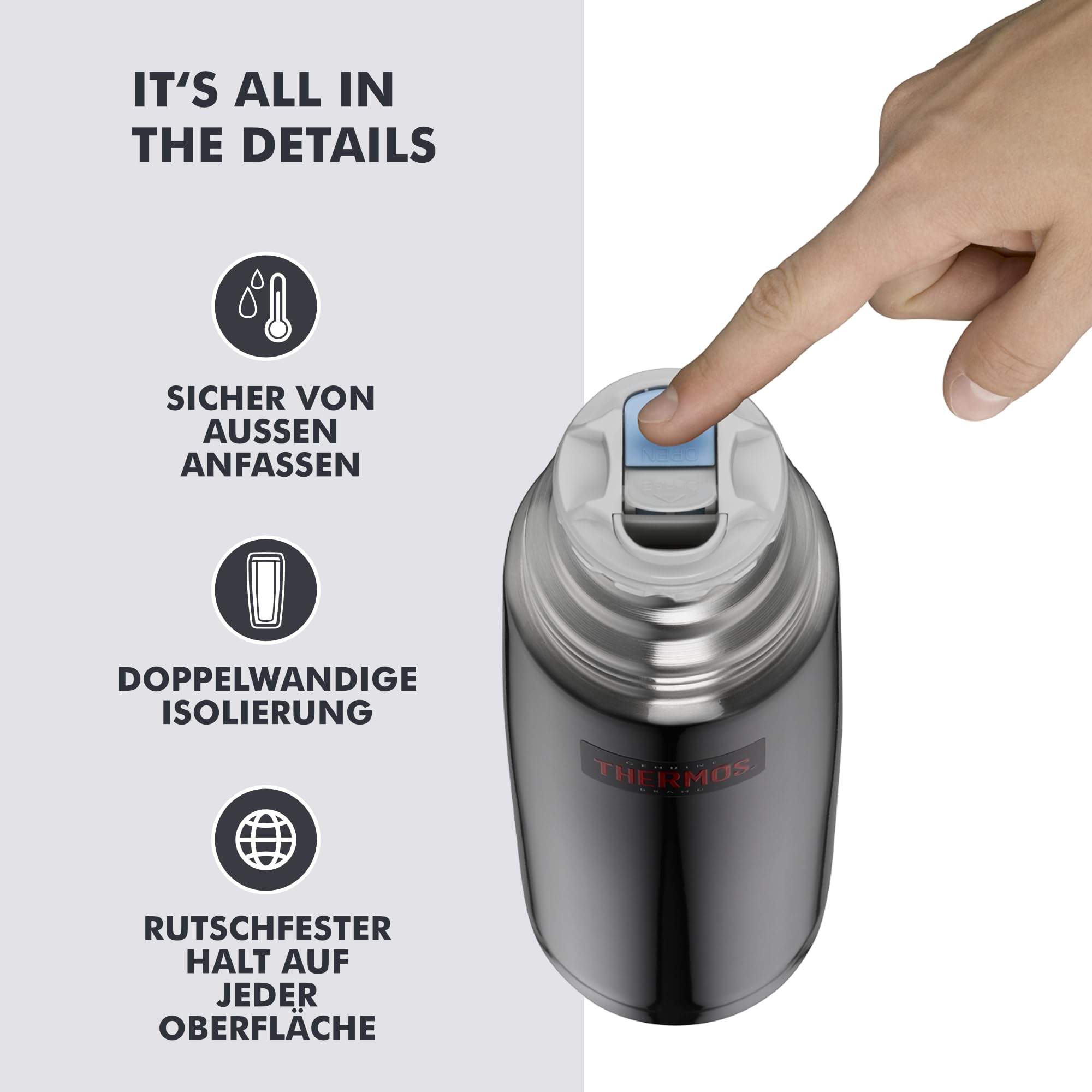 THERMOS LIGHT & COMPACT Thermosflasche 1,00 l, 24 h heiß, stone grey | 24 h kalt, mit Trinkbecher, absolut dicht, zerlegbarer Automatikverschluss, Edelstahl-Isolierflasche, grau glänzend