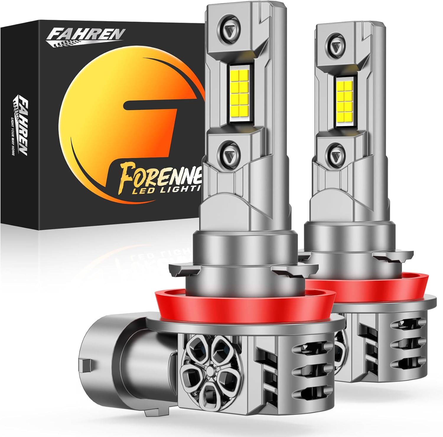 FORENNER New-Gen Modern H11 Light Bulbs, 50000LM 12X Ultra Bright 1:1 Mini Size Fog Bulbs 6500K White, 10 Year Extend Life with Cooling Fan, IP68 Quick Install, Back Up Light Assemblies Pack of 2