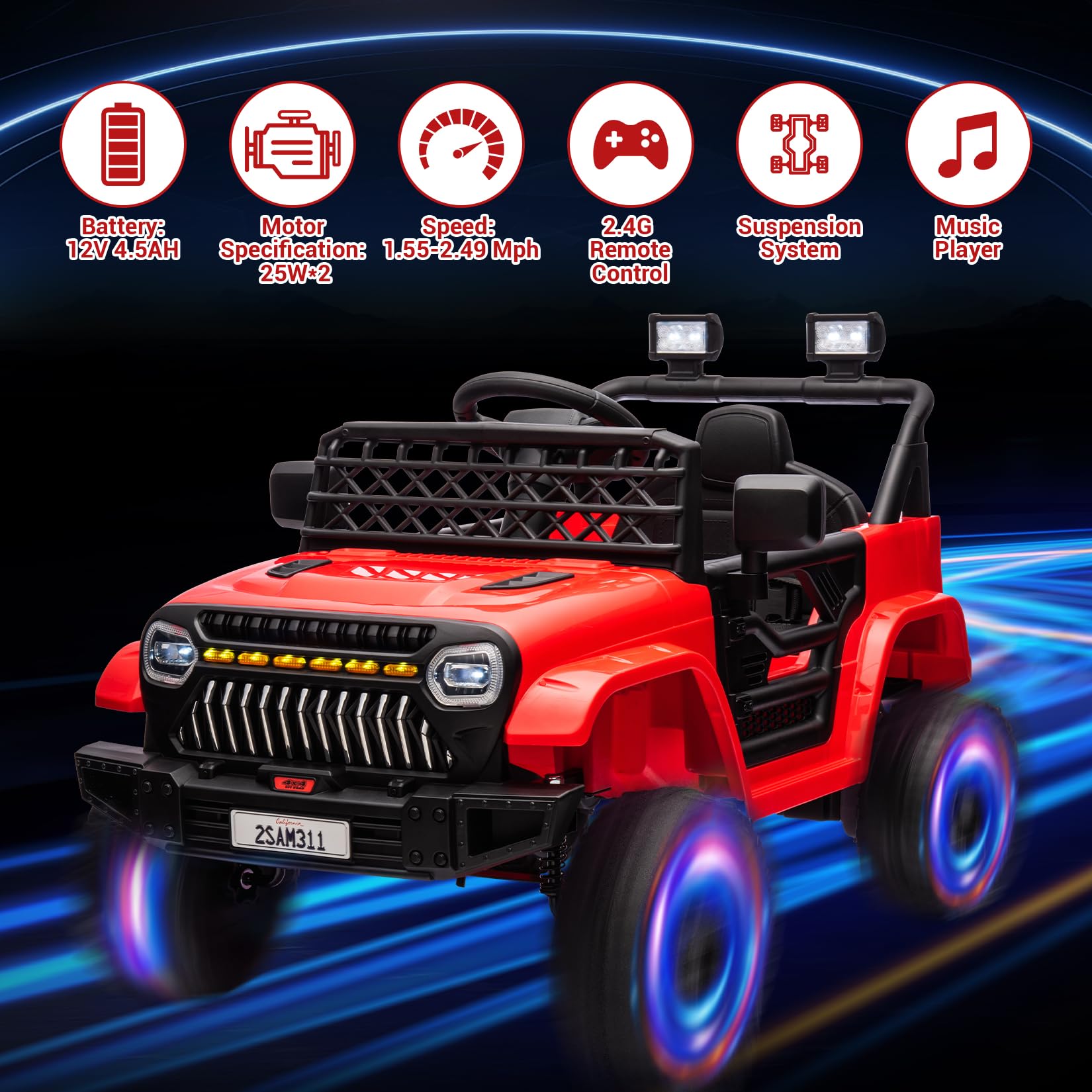 Kids Ride On Truck Car with Remote Control, 12V Battery Powered Toy Car with Spring Suspension, LED Lights, Music, Toddler Electric Vehicles for Girls Boys 3+, Red