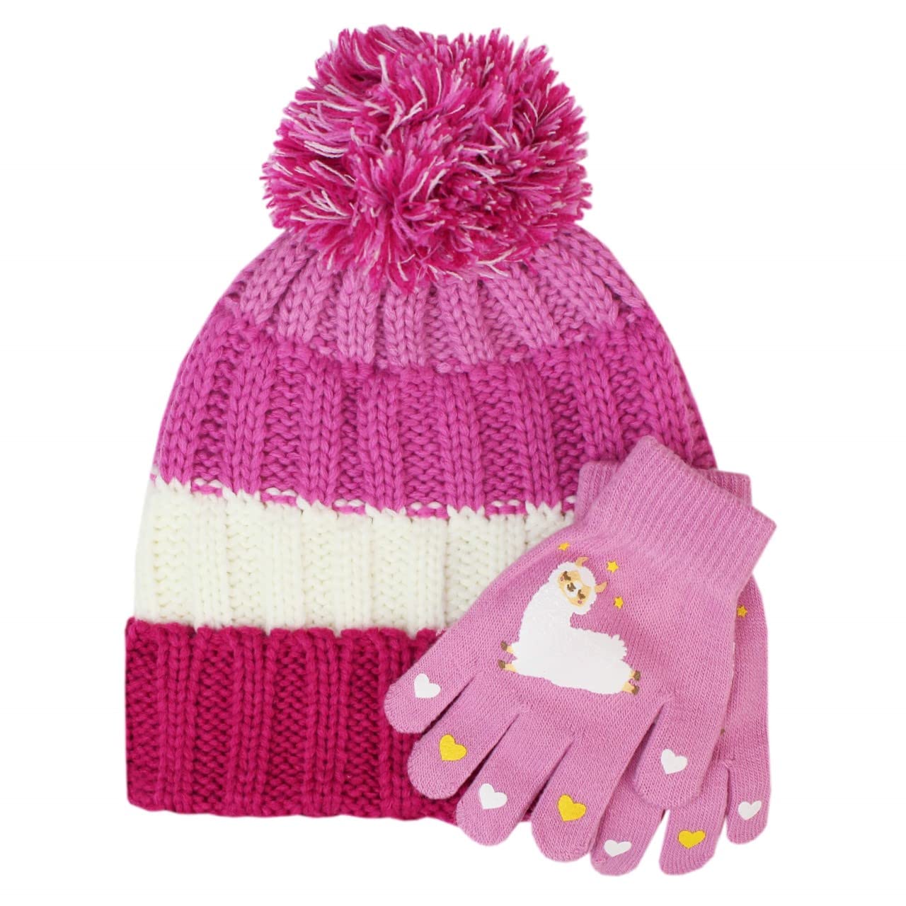 TeddyTs Girls Striped Chunky Knitted Pom Pom Bobble Hat and Gloves Set (Llama Gloves Set)