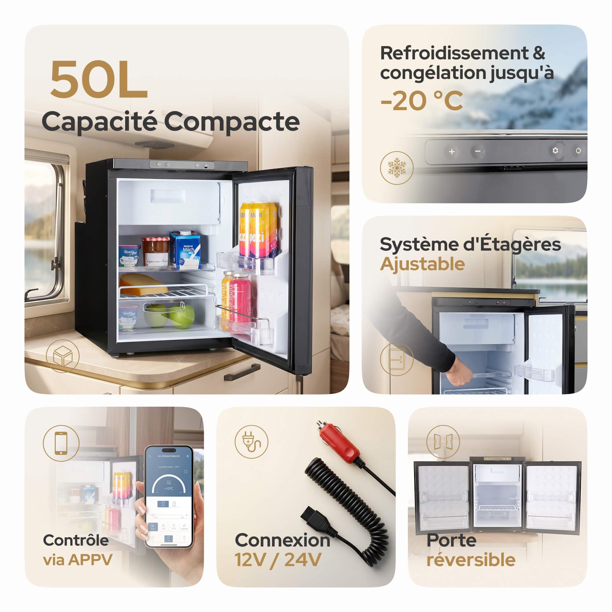 Arebos Réfrigérateur à Compresseur pour Camping-Car 50 L avec Compartiment Congélateur | Contrôle Via APP | 12V/24V | Jusqu'à -20°C | Porte Réversible | Réfrigérateur pour Camping-Car, Van & Camion