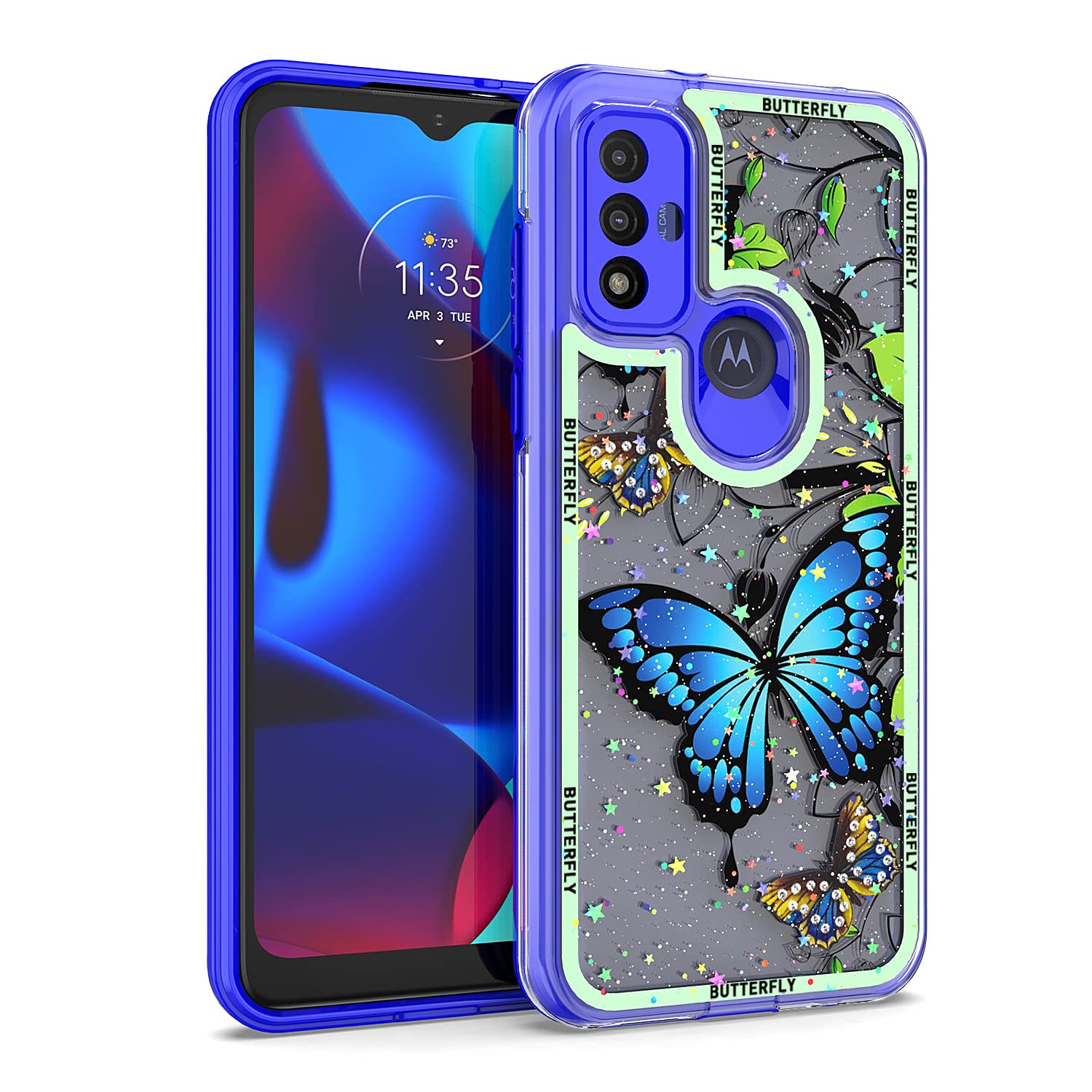 KACHEN for Motorola G Pure Case 2021 / Moto G Power 2022 Case, Blue Frame 3D Rhinestone Butterfly Slim Fit Shimmer Sparkle Hybrid Shockproof Bumper Cell Phone Case for Women Girls