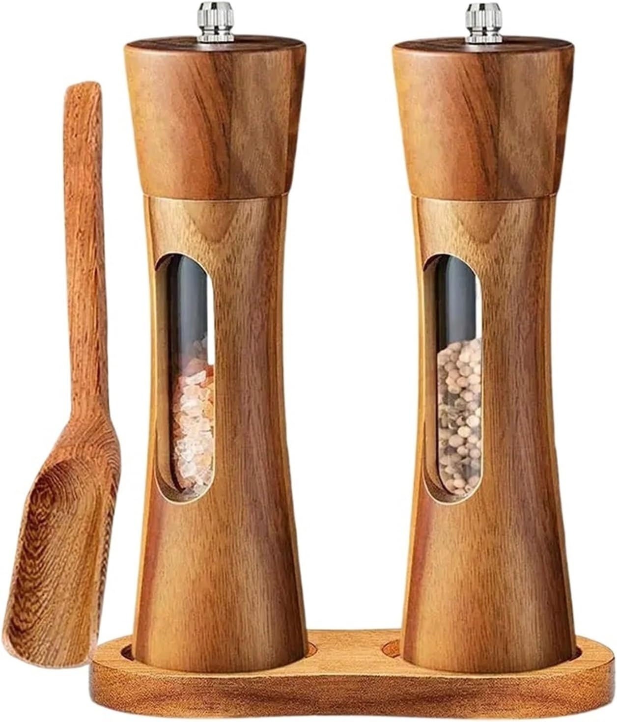 Wooden Salt And Pepper Grinder With Base Set,Ceramic Core Transparent Window Manual Mills Kitchen Spice Shaker 8 Inch(2Pcs 8Inch and Base)