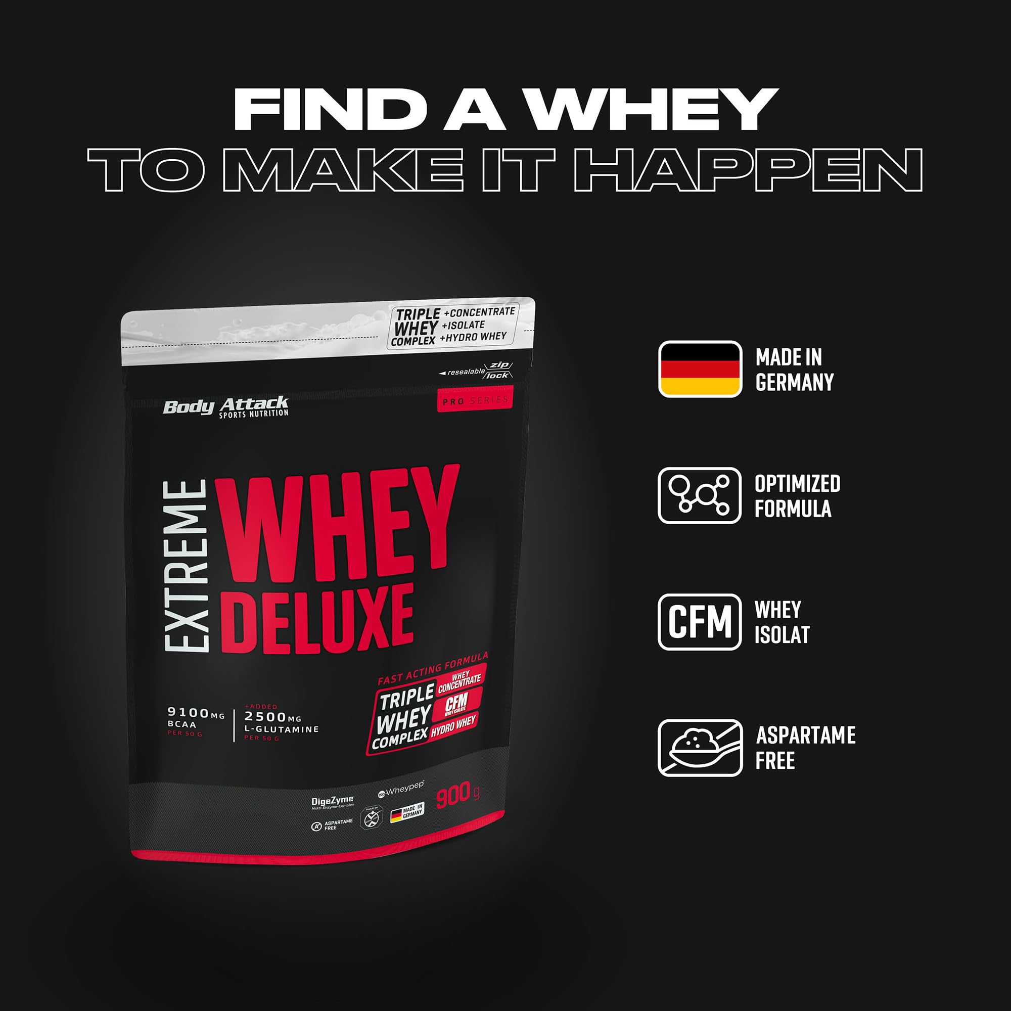 Body Attack Whey Protéine Extreme Deluxe-Protein powder avec des acides aminés, Complexe triple-Whey, CFM Whey Isolate-Parfait pour poids musculation, Fabriqué en Allemagne, 900g, Cookies