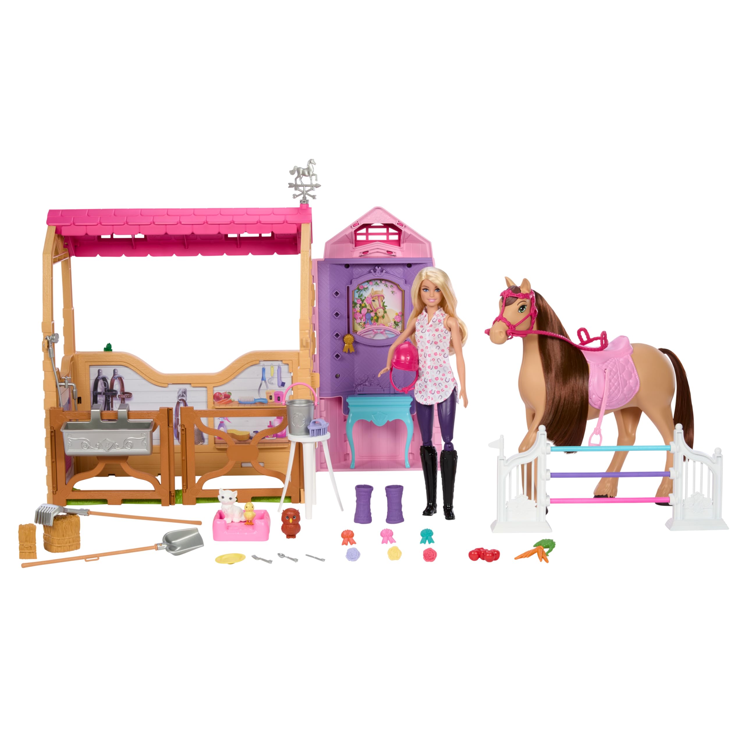 Barbie Misterios: En Busca de la Yegua Perdida Superestablo, Muñeca rubia con caballo de juguete y set de juego con + de 25 accesorios de equitación, inspirado en la serie, +3 años, JDN43