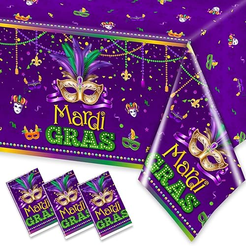 Miniatura 1 de CMUSKO 3 manteles de Mardi Gras, máscara de mascarada, suministros de fiesta, Mardi Gras, cubierta de mesa de plástico morado, decoración de mesa de