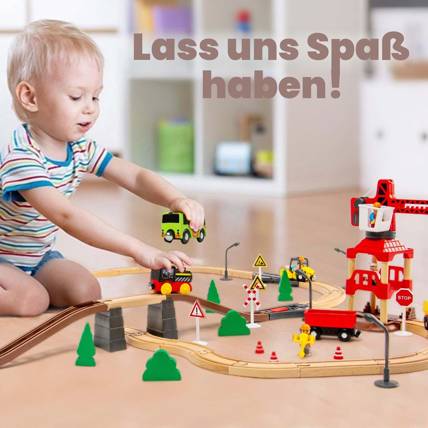 86er Set Holzzüge mit Kran, Holz Eisenbahnset passend für Thomas Brio Sets, Weihnachtsbahn Spielzeug für 3-5 Jahre Kinder und Kleinkinder