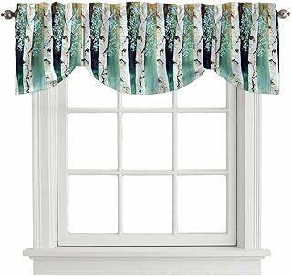 Abstract Oil Tie Up Valance Curtains Retro Painting Trees Teal Flower White Trunk Green Wood Grain Adjustable Light Filtering Tie Up Valance Small Window Shade for Kitchen Bedroom Cafe 42" W x 18" L
