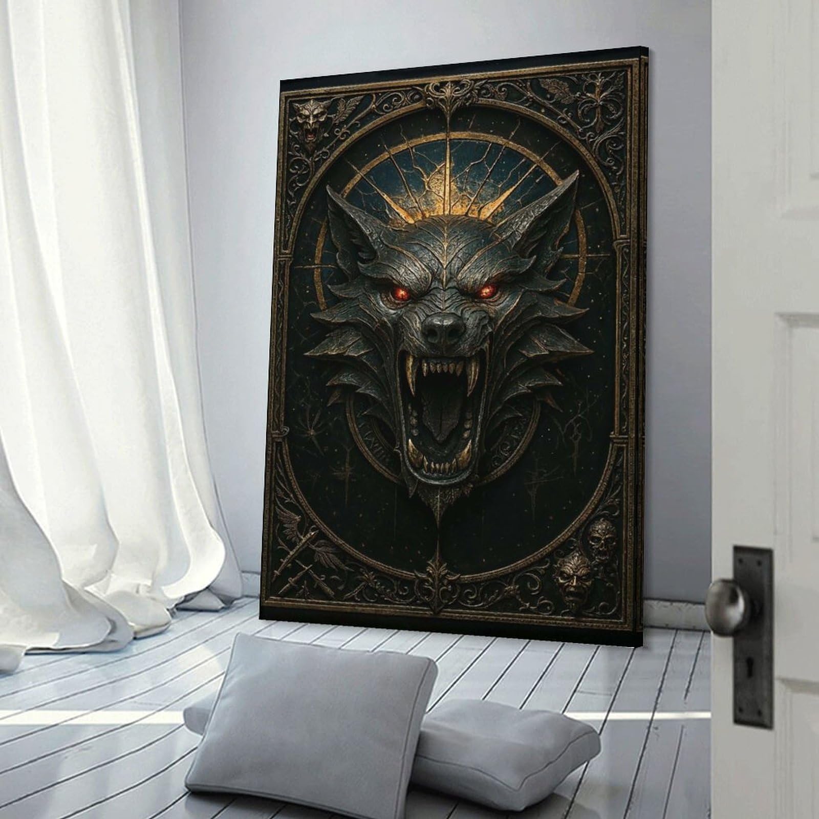 Junmoney Room Decor Wall Art Black Wolf Head – Gothic Metal Fantasy, 08x12inch(20x30cm), for Flats, Guest Rooms Or Compact Rooms, Wall Decor with Flexible Room Appeal