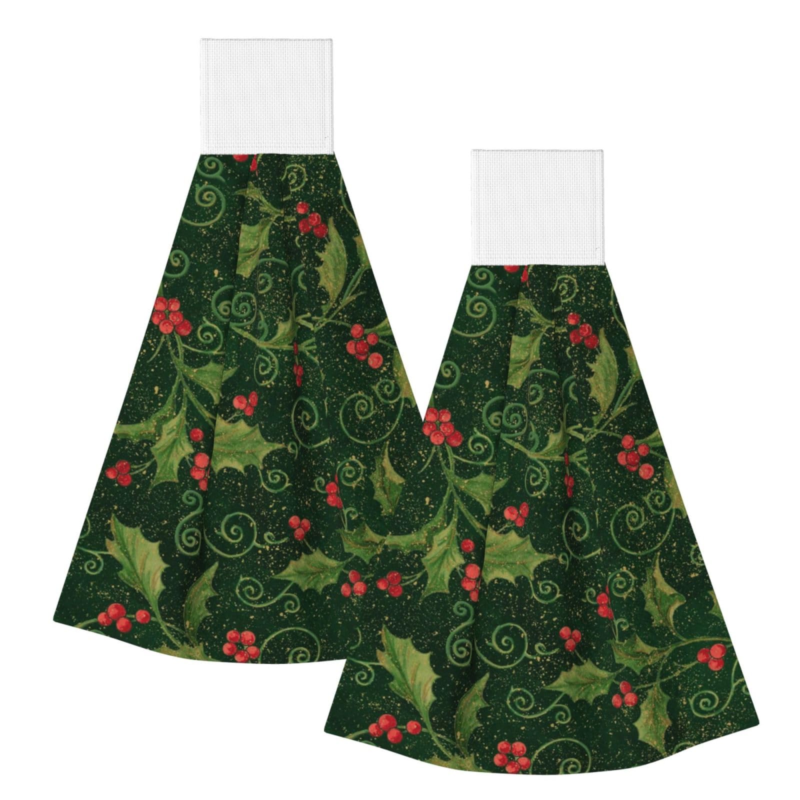 DOPKLNA Holly, 2 Pcs Hanging Coral Fiber Hand Towels for Bathroom, Absorbent Kitchen Towels