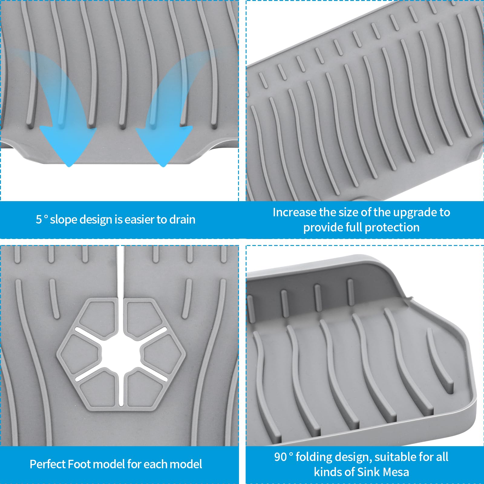 FOSFUKEER Protection Anti-éclaboussures pour évier de Cuisine, Tapis de Robinet de, Protection Anti-éclaboussures, Polyvalent pour Tapis de séchage de la Vaisselle, Porte-éponge (Gris, Grand