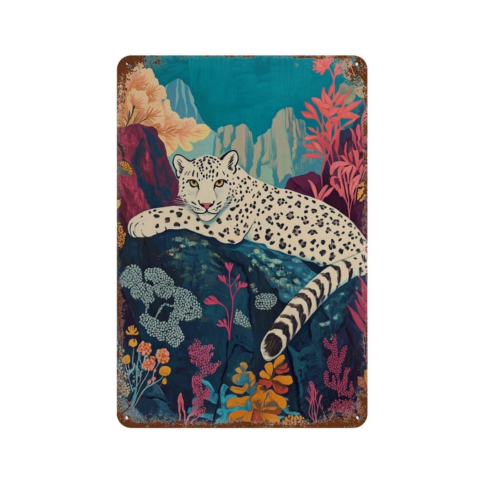 xiaoxiaoshen Snow Leopard in Vibrant Mountain Jungle – Bold Animal Nature Exotic Wildlife Wall Decor Art Metal Tin Poster Modern Home Decor Art Home Bar Shop Decorations Vintage Sign 30x20cm