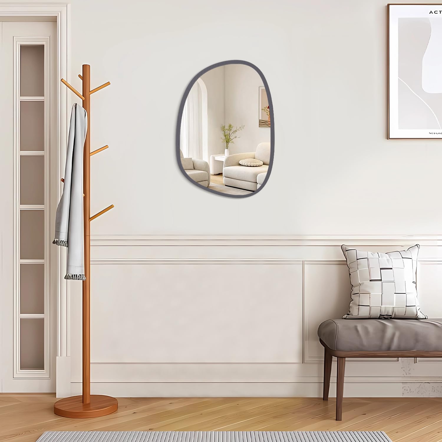 Specchio Da Parete Asimmetrico Con Cornice In Legno Rivestita In Flanella, 81,3x61 Cm, Design Irregolare, Per Soggiorno, Bagno, Ingresso, Colore Arancione - 4