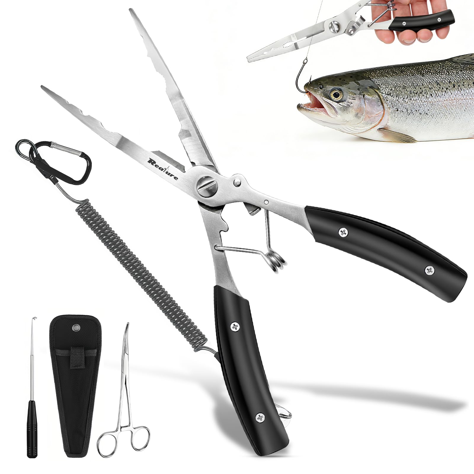 Realure 3Pcs 21cm Long Nose Fishing Pliers Set – Stainless Steel with Lanyard, Curved Forceps & Unhooking Disgorger, Saltwater Freshwater Gear for Men, Cut Line & Remove Hooks Safely