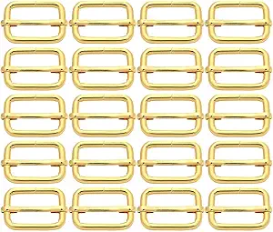 BIKICOCO Metal Slide Adjuster Buckle Tri-Glides with Movable Center Bar, for Straps, 1 x 0.6 Inch, Gold, Pack of 20