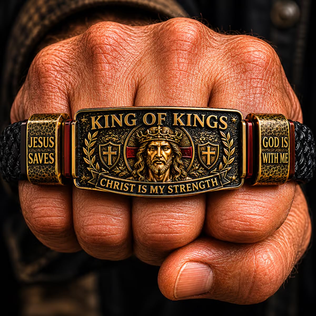 Bransoletka King of Kings Faith – regulowana chrześcijańska opaska na rękę, 'Jesus Saves Cross Cuff Bangle', inspirująca biżuteria religijna dla męża, taty, syna, Chrystus jest moją siłą