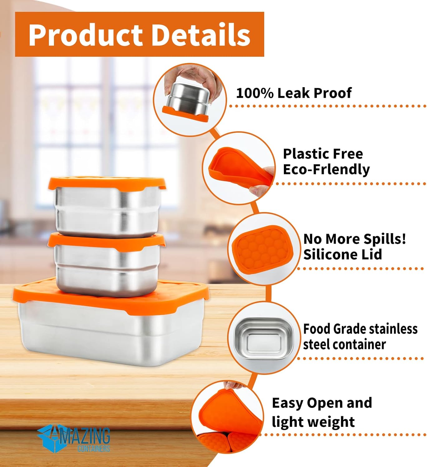 AMAZING CONTAINERS|Stainless Steel Food Containers with Lids Set of 3 (28 oz, 2X 8 oz) | Steel Lunch Container for Kids and Adults | Metal Snack Container Leakproof Lunch Box Sandwich Containers - Image 3