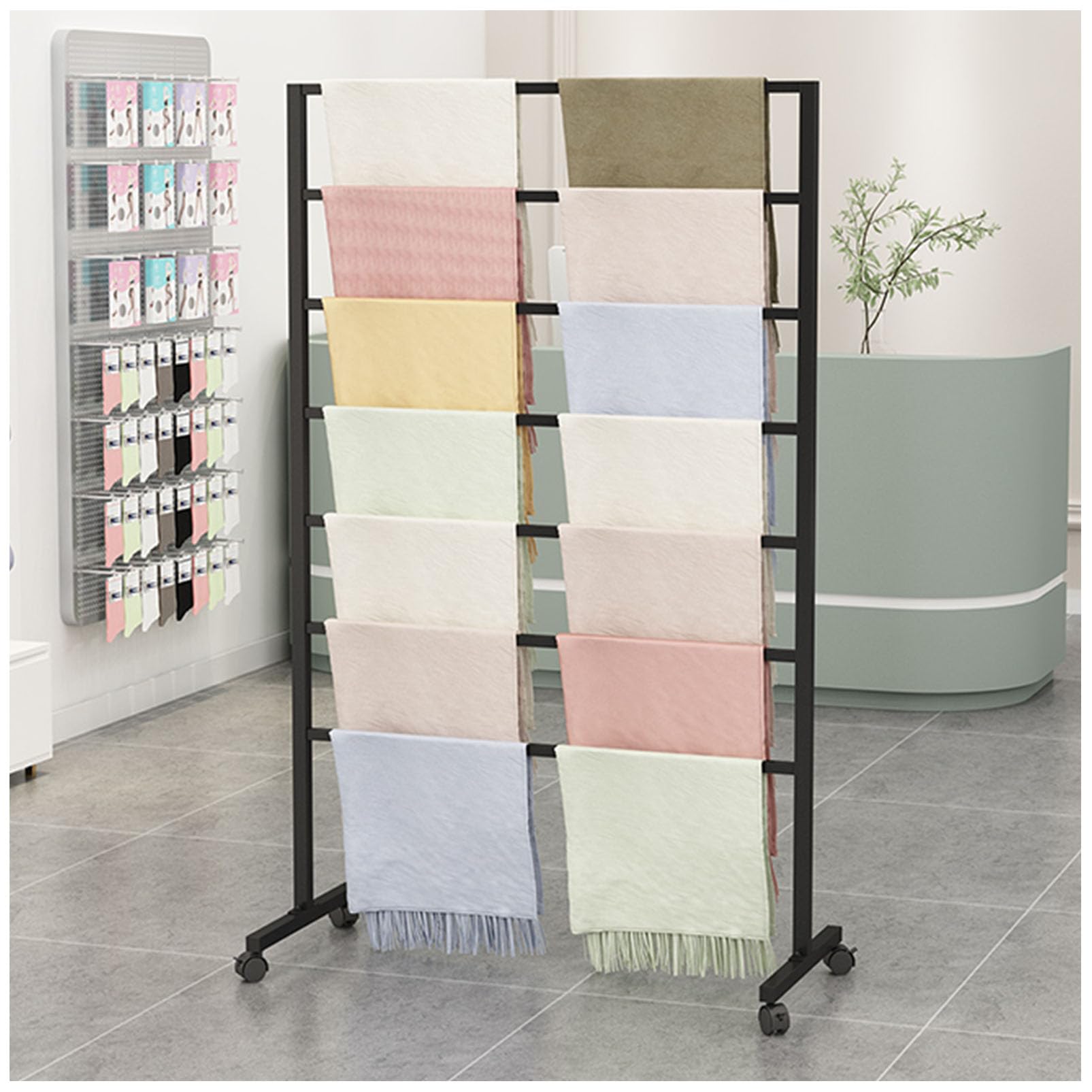Soporte de pie para Bufandas, Expositor de Joyas, Colgador de Cinturones, chales, Organizador de hijabs, Soporte Multiusos, Percha portátil y extraíble para rop,Black-80x40x145CM