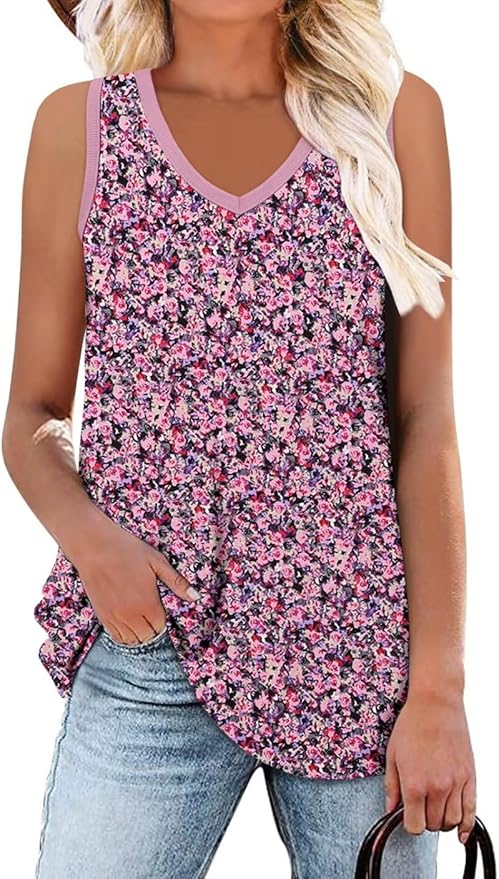 KISSMODA Womens Flora Print Tank Tops Ribbed Summer Shirt Sleeveless Summer Casual Women Blouses(S-3XL)