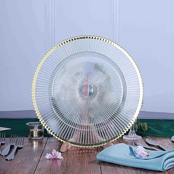13" Charger Plates - Set of 12 - Clear with Gold Sunray Wavy Rim Plastic Chargers, Disposable Round Acrylic Serving Trays For Dinner Wedding Party Events